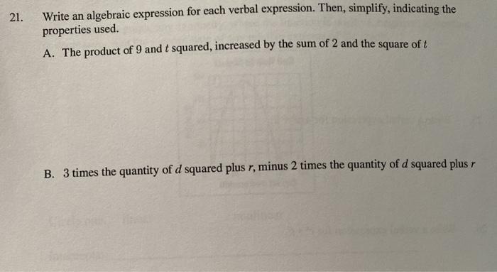 Write an algebraic expression for each verbal expression