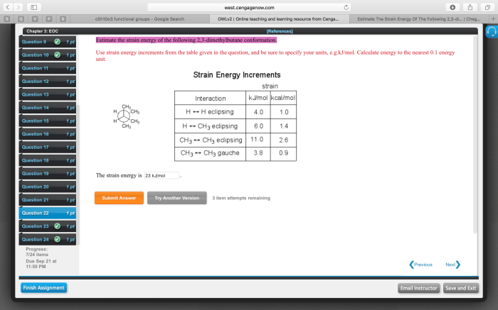 Estimate the strain energy of the following 2 3-dimethylbutane conformation